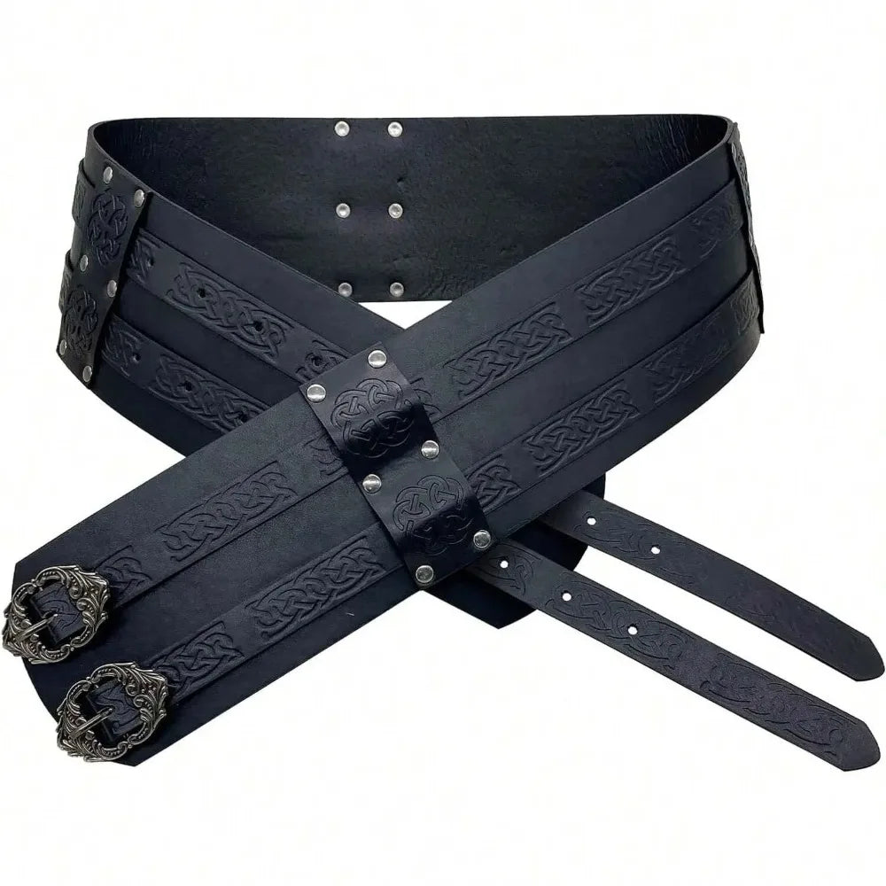 Nordic Medieval Viking Style Wide Embossed Vintage PU Leather Belt, Renaissance Knight Armor Belt Apparel Accessory, Suitable Fo