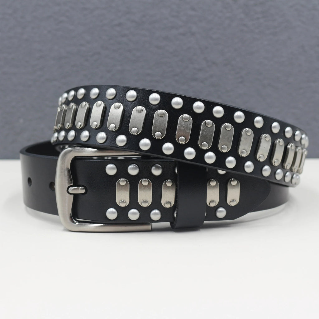 Heavy Full row of  Retro Alloy Buckle Belt Men's  Rivet Belt Punk Rock Jeans Belt Genuine Leather Belt For Gothic Y2K