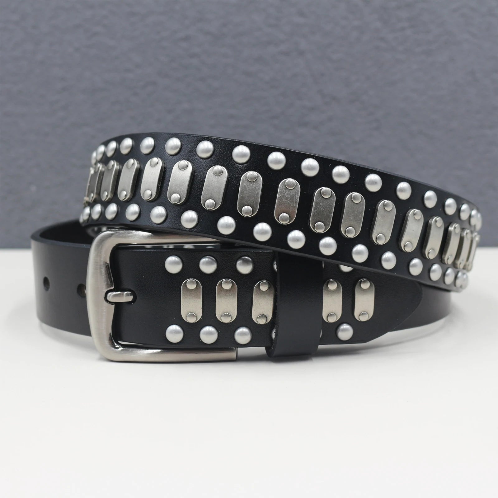 Heavy Full row of  Retro Alloy Buckle Belt Men's  Rivet Belt Punk Rock Jeans Belt Genuine Leather Belt For Gothic Y2K