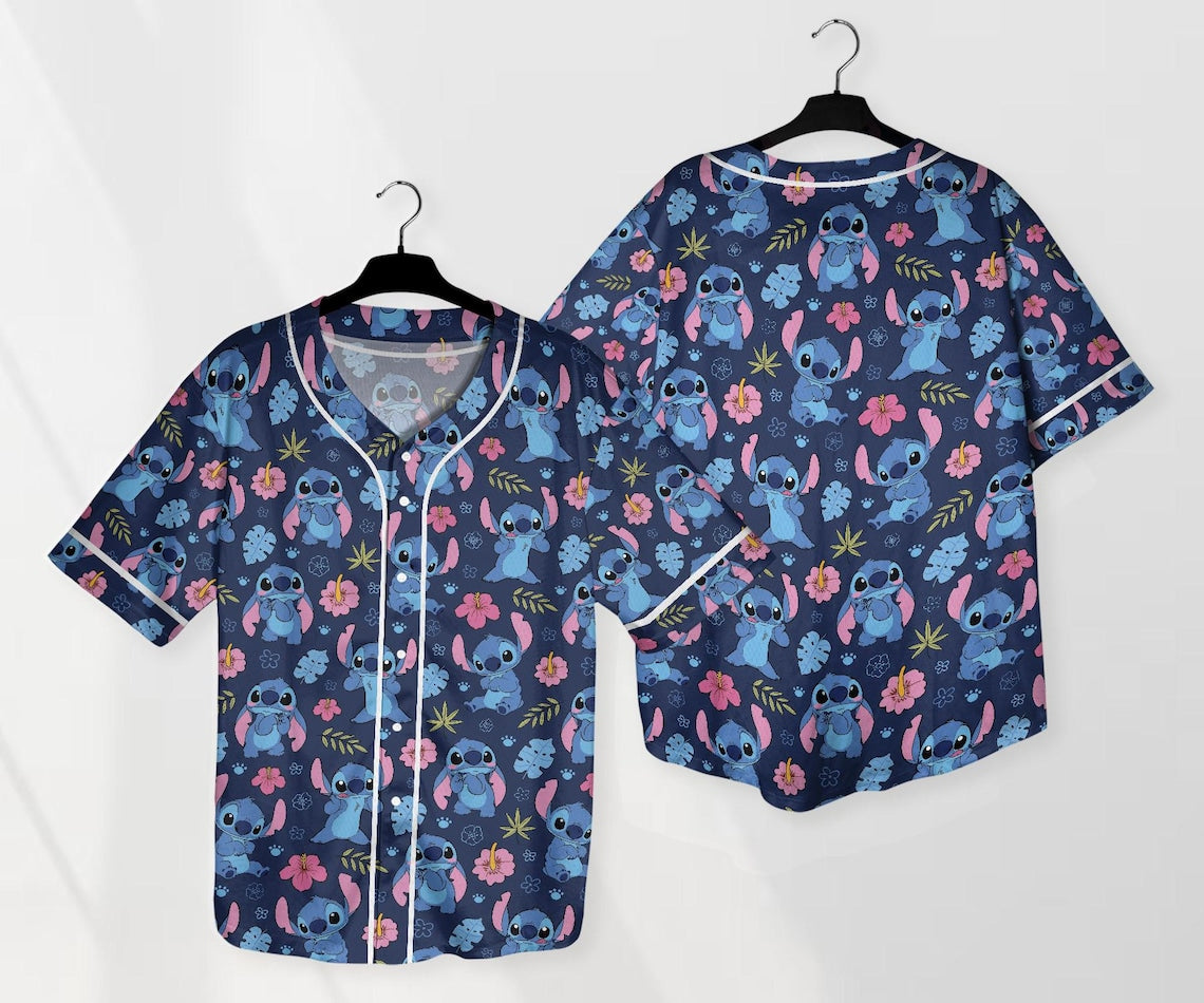 Stitch-Themed Floral Button-Up Baseball Jersey Shirt – Fun Hawaiian Design For Adults